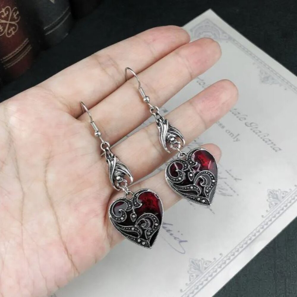 NEW Belinda Gothic Silver Plated Ornate Red Heart Drop Earrings - Picture 3 of 4